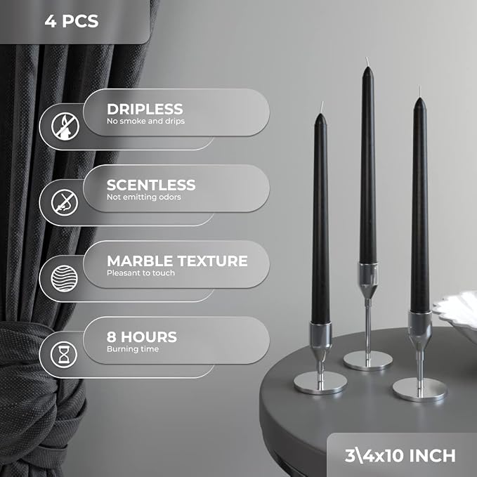 CANDWAX Black 10 inch Taper Candles Pack of 4 - Unscented Smokeless Dripless Tall Candle Sticks - Perfect for Home Decor, Special Occasions and Ordinary Events - Black Taper Candles