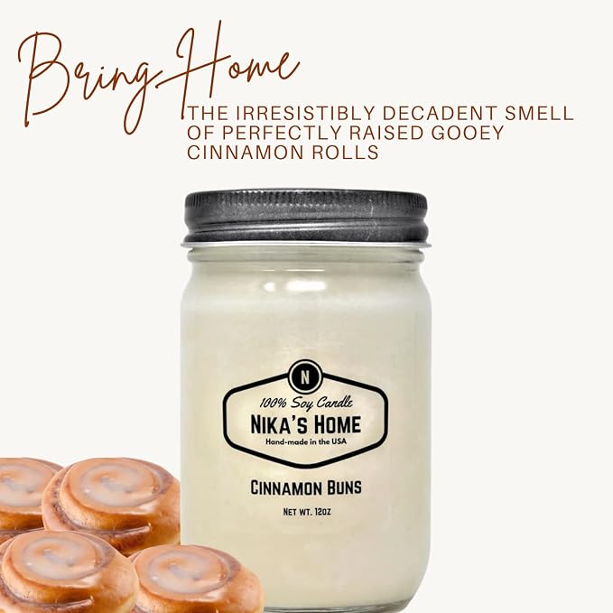 Nika's Home Cinnamon Buns Soy Candle - 12oz Mason Jar - Non-Toxic - Hand Poured in The USA, Long Burning 50-60 Hours Highly Scented All Natural, Clean Burning