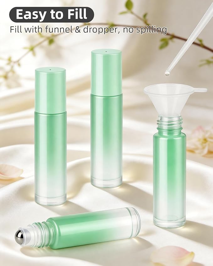 sungwoo 4 Pack Roller Bottles, 10 ml Essential Oil Glass Roller Bottles with Stainless Steel Roller Balls Green-Gradient