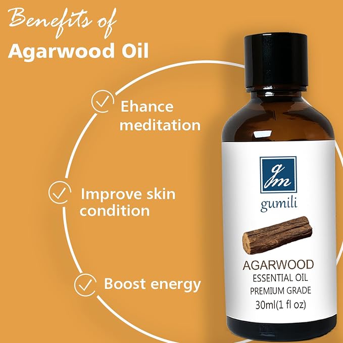 GM Gumili Agarwood Essential Oil, Pure Argawood Oud Oil for Aromatherapy, Meditation - 30ml/ 1 oz