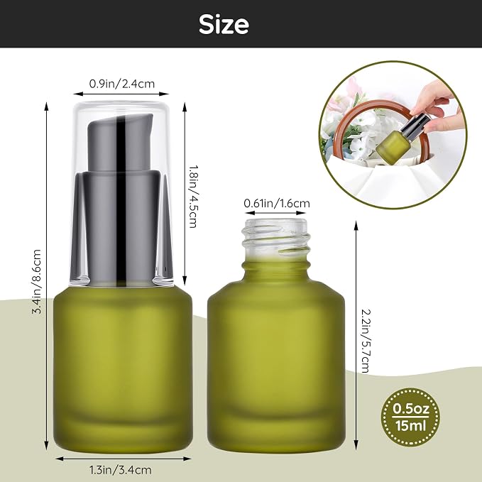 Segbeauty 0.5oz Frosted Glass Travel Size Containers for Lotions, 3pcs Mini Empty Lotion Bottles Pump Dispenser Refillable, 15ml Green Travel Containers for Creams, Small Hair Oil Pump Bottle Liquids