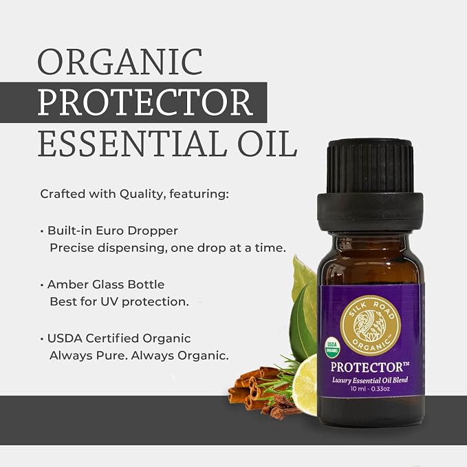 Silk Road Organic Protector - Thieves Essential Oil Purifying Immunity Blend, 100% Pure USDA Certified Clove Bud, Lemon, Cinnamon Bark, Rosemary, Eucalyptus - 10 ml Dropper