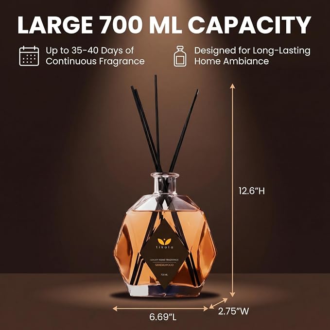 Luxury Reed Diffuser with Sandalwood Scent – Crystal Glass Bottle – Home Fragrance for Living Room, Bathroom & Office – 23.67 fl oz (700 ml)