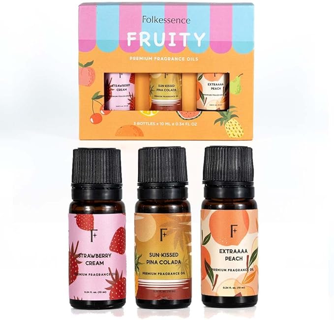 Folkulture Fruity Essential Oils Set for Diffuser | Pack of 3 Fruity Aromatherapy Oils – Peach, Strawberry | Refreshing Home Fragrance for Relaxation & Every Day Gifts Set