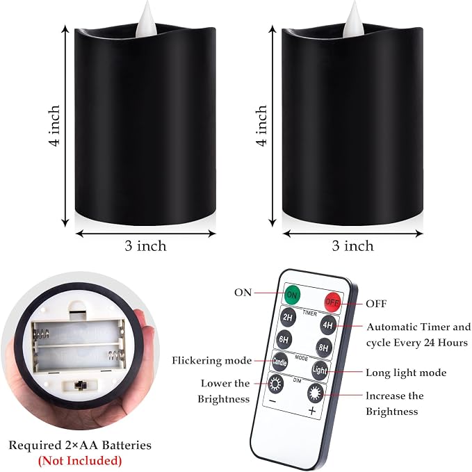 Black Flameless LED Candles - 3" x 4" Real Wax, Battery Operated with Remote Timer, 3D Flickering, Lasts 600+ Hours, Halloween & Christmas Deco (Black, 3"*4"-2pcs)