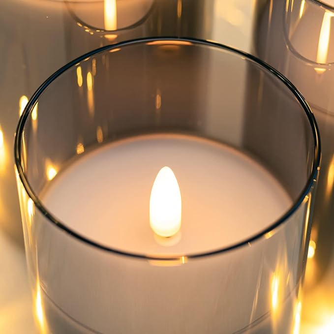 ANGELLOONG Grey Fake Candles Battery Operated, Flickering Flameless Candles with Timer and Remote, Glass LED Electric Pillar Candles Set of 3 for Home Coffee Table Bathroom Decor