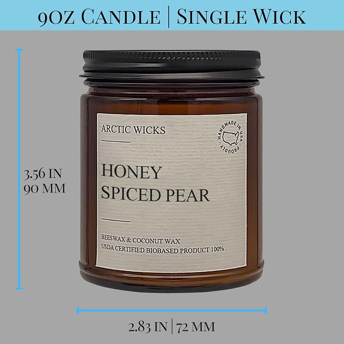Arctic Wicks Scented Coconut Beeswax Candles | Coconut Beeswax Non Toxic Candle 9oz Amber | Farmhouse Candles Non-Toxic Clean Burn 100% USDA Certified Biobased (Honey Spiced Pear)