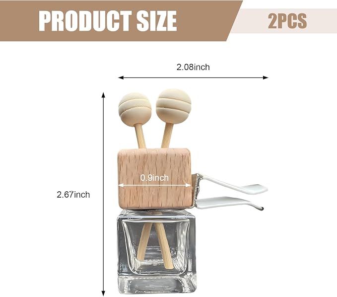 2 PCS Car Diffuser Air Freshener Bottles, Refillable Empty Glass Essential Oil Diffuser Vent Clip & Wooden Caps Sticks, Universal Aromatherapy Diffusers for Most Vehicles (Square)