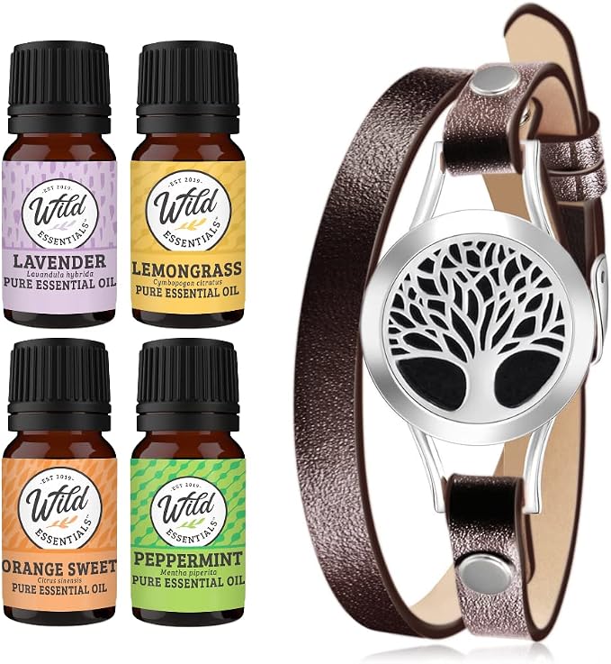 Wild Essentials Tree of Life Essential Oil Leather Wrap Bracelet Diffuser Kit, Gift Set, Lavender, Lemongrass, Peppermint, Orange Oils, 12 Pads, Customizable Color Changing Perfume Jewelry, Brown