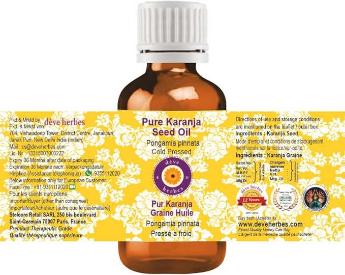 Deve Herbes Karanja Seed Oil (Pongamia pinnata) | Cold Pressed | Pure | Natural | Undiluted | for Diluting Essential Oils | for Skin & Massage | Non-Sticky| Lightweight| Men & Women | 15ml (0.50 oz)