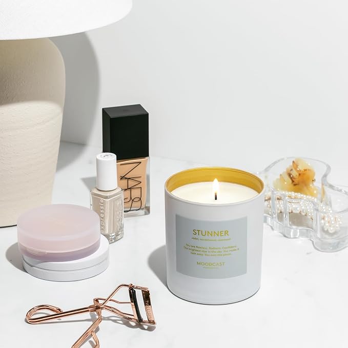 Moodcast Stunner Scented Candle - Aesthetic Candle for Home, Sandalwood, Violet & Rosewood, Clean Coco Wax Blend, Vegan, Paraben Free, 45-Hour Long Lasting Burn - 8oz