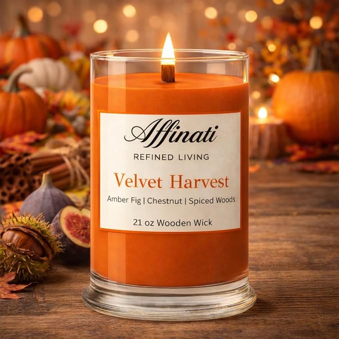 Affinati Velvet Harvest Large Scented Candle, 21 oz Wooden Wick Tumbler – Highly Fragrant Premium Long Lasting Autumn Fragrance, Soy Blend