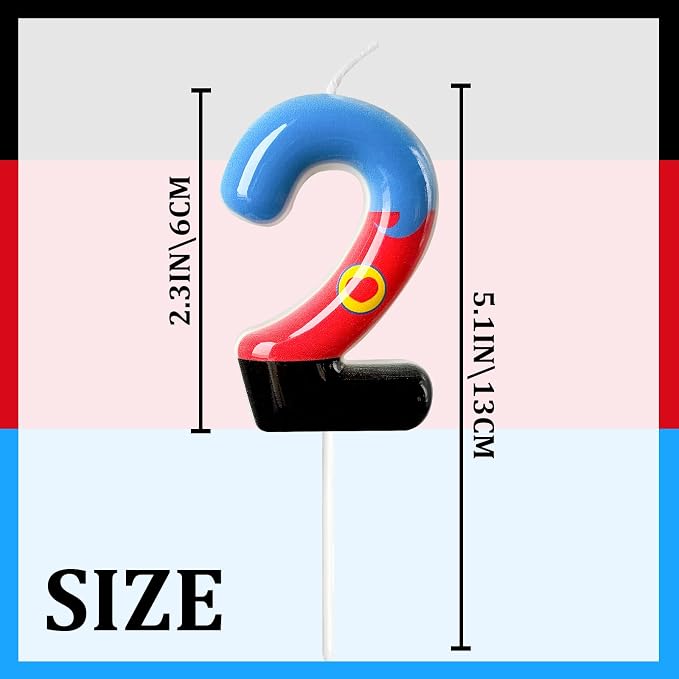 Number 2 Birthday Candle for Cake – Red Blue Cartoon Hero Style with Heart Design – Cute Cake Topper for Birthday Party Decoration
