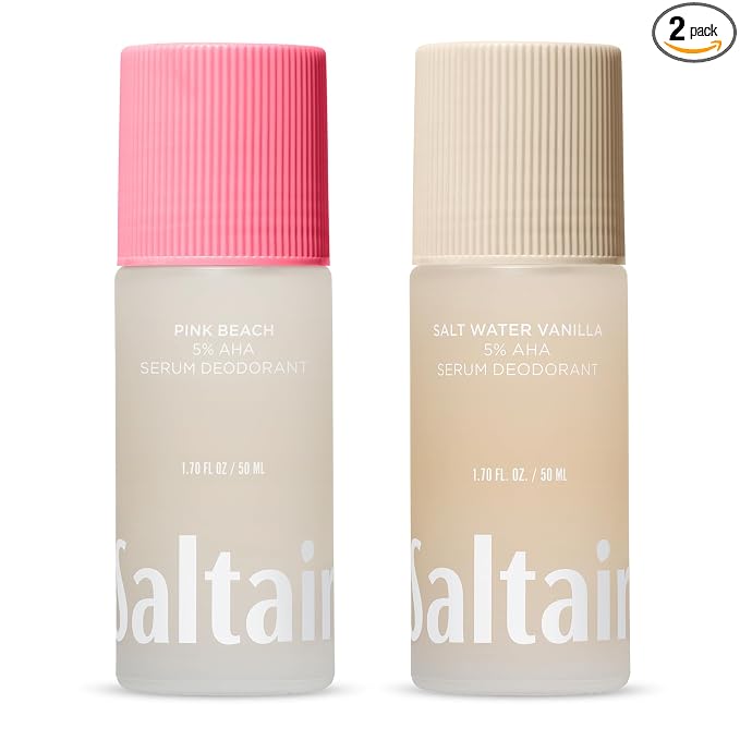Saltair Serum Deodorant Variety Pack – Coconut Vanilla: Salt Water Vanilla & Pink Beach – 5% AHA – Aluminum-Free Odor Control for Women & Men – Mandelic Acid Deodorant – 2x 1.7oz Travel Roll On