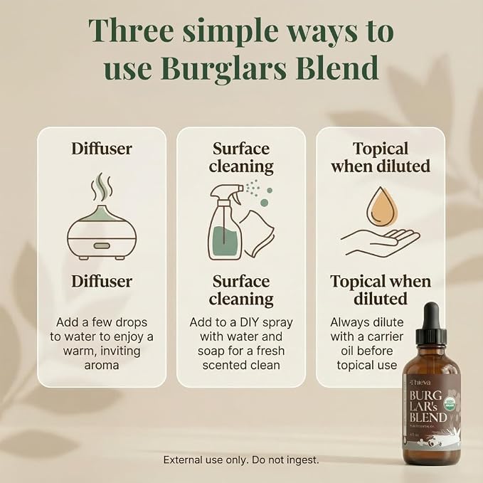 THIEVA Burglar’s Blend Essential Oil 4 oz – USDA Organic Pure Oil Blend for DIY Household Cleaning Seasonal Home Wellness and Diffuser Aromatherapy