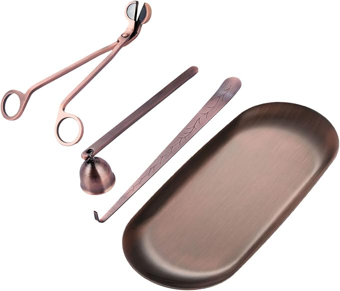 MUXSAM 4 in 1 Candle Accessory Set - Wick Trimmer, Snuffer, Dipper, Storage Tray - Gifts for Candle Lovers (Red Bronze)
