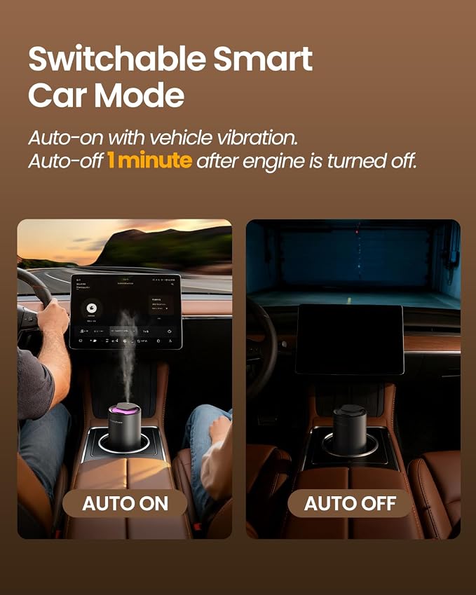 Waterless Diffuser for Essential Oil, Smart Car Air Freshener Diffuser with 3 Mist Grades & 3 LED Light Colors, Auto On/Off, Rechargeable Scent Air Machine