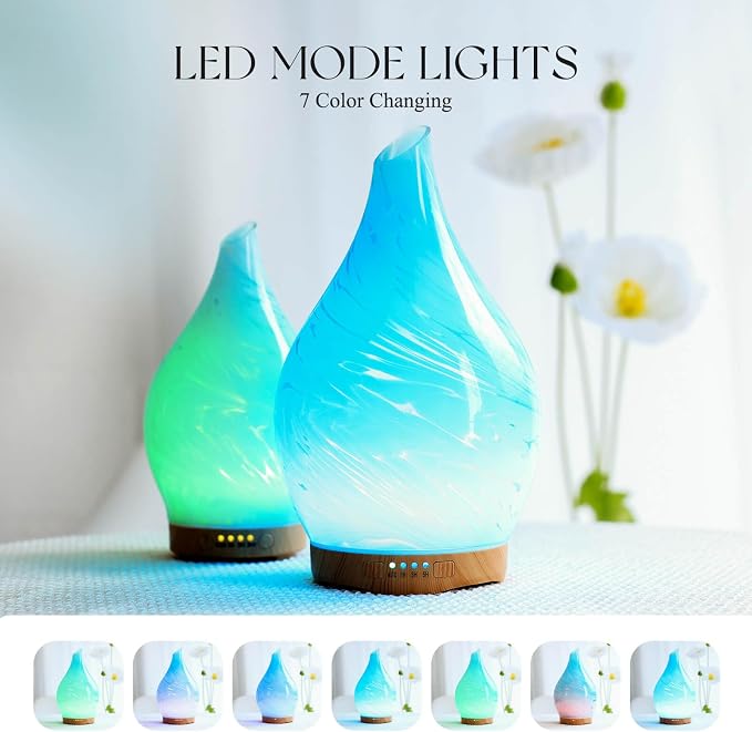 Porseme 280ml Essential Oil Diffuser Glass Color Changing Aroma Air Diffusers Aromatherapy Ultrasonic Cool Mist Humidifier 7 Running Hours Waterless Auto-off for Sleeping, Yoga, Office, Spa(Blue Wave)