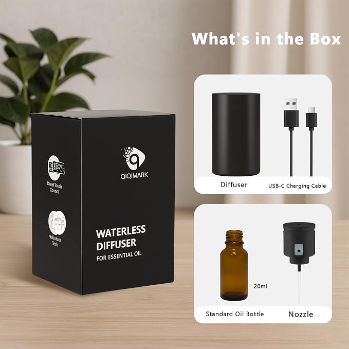 Waterless Essential Oil Diffuser, 20mL Rechargeable Nebulizing Diffuser with 4 Timers & 4 Mist Levels, Rechargeable Diffuser for Home, Office, Bedroom, Hotel, Travel (Black)