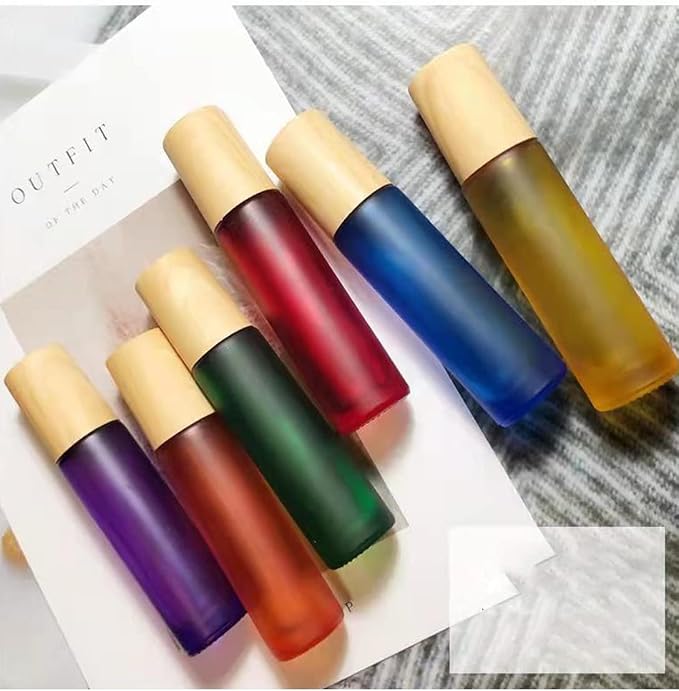 10 Pcs Frosted Glass Essential Oils Roll on Bottles,10ml Refillable Massage Roller Bottles Perfume Bottles with Stainless Steel Ball Wood Grain Cap Empty Travel Roller Essential Oils Vials(Yellow)