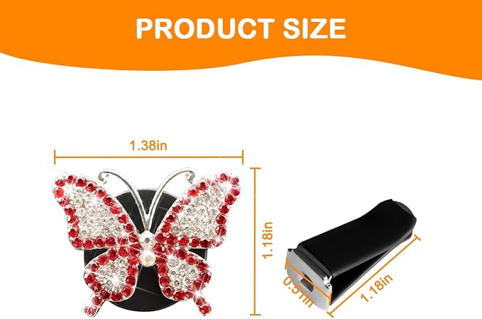 Bittwee 2PCS Bling Butterfly Car Freshener Air Vent Clips, Sparkling Crystal Rhinestone Auto Diffuser Clamps, Full Diamond Vehicle Interior Decoration Charm for Women Girls, Universal Fit（Red）