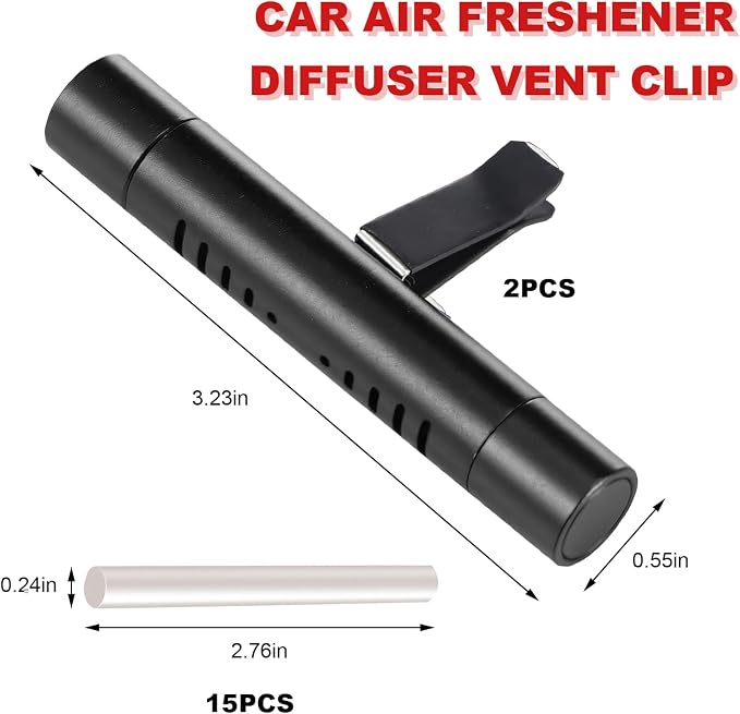 2 PCS Car Air Freshener Diffuser Vent Clips, Refillable Cylindrical Oil Diffuser Clip with 12 Unscented Refill Sticks, Essential Vent Air Freshener Interior Decor for Women Men (Black)
