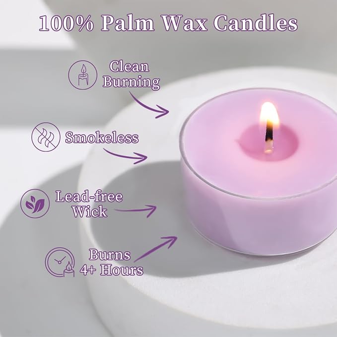 Scented Tea Lights Candles, Lavender Twilight, 16 Pack – Purple Scented Tealight Candles – 100% Palm Wax, 6 Hour Burn Aromatherapy Tea Light Votive Candle for Relaxation, Spa, Yoga, Home Decor