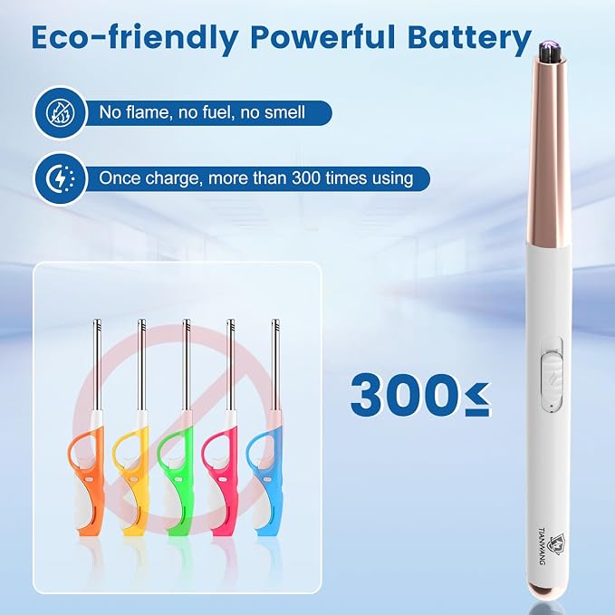 Electric Candle Lighter USB Rechargeable with Safety Lock & LED Display, Windproof Flameless Arc Lighter for BBQ, Camping, Kitchen, Gifts for Women Men(White)