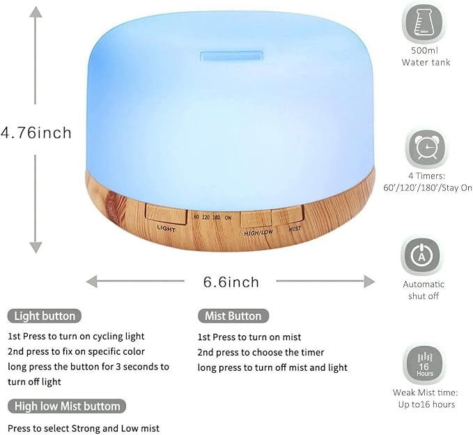 MADETEC Aromatherapy Essential Oil Diffuser Humidifier, 500ML Ultrasonic Cool Air Mist Humidifier with Remote Control, Auto Shut-off, Timers Setting for Baby Bedroom Home Office Room