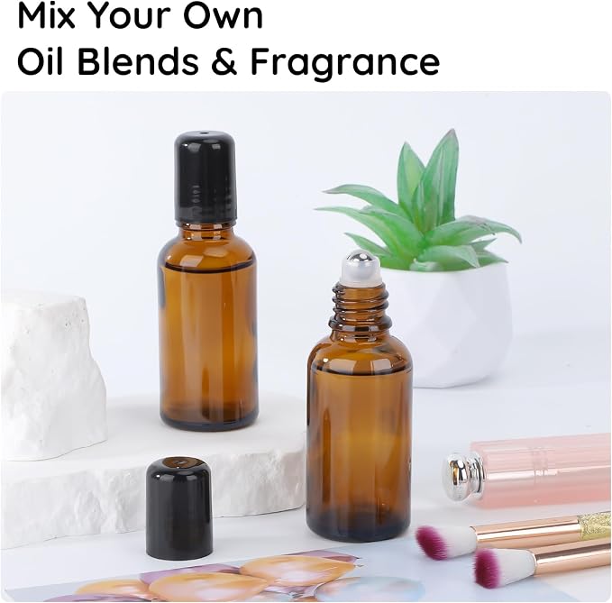 Segbeauty 1oz Glass Roll On Bottles for Oil, 5pcs Empty Roller Ball Applicator for Essential Oils, 30ml Amber Perfume Travel Refillable Bottle, Anointing Oil Bottles Travel Containers Liquids Oils