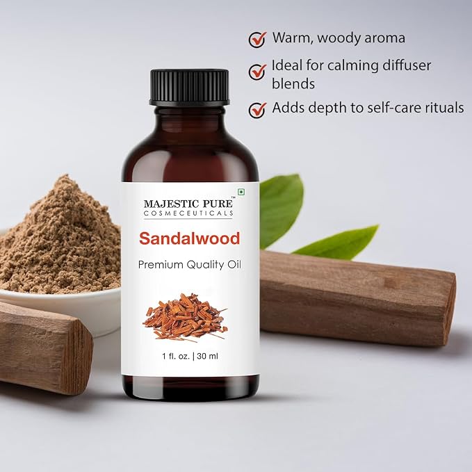 Majestic Pure Essential Oil with Glass Dropper - 100% Pure and Natural - Essential Oils for Diffuser, Aromatherapy, Soap and Candle Making, Sandalwood Essential Oil, Sandalwood Oil, 1 Fl Oz
