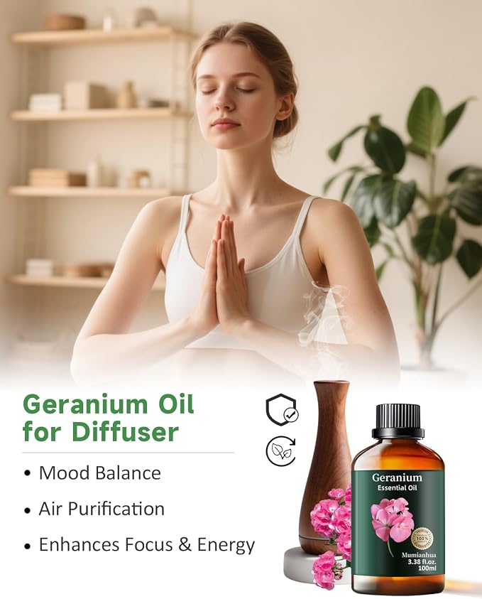 Geranium Essential Oil, Mumianhua Pure Rose Geranium Natural Oil for Outdoor Protective Barrier & Garden Freshness, Floral Aroma for Diffuser, Skin, Hair, DIY Spray – 3.38 Fl Oz