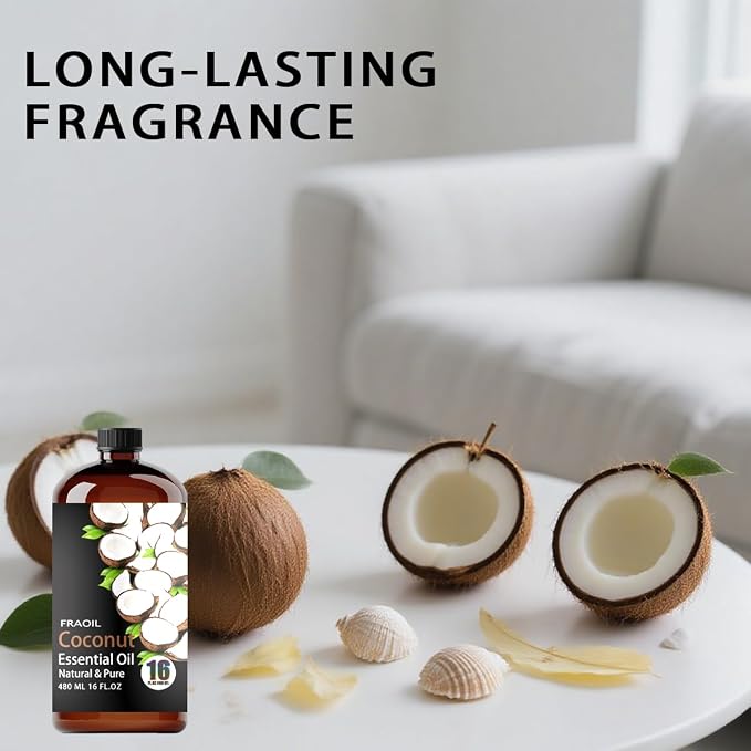 Coconut Essential Oil, Coconut Oil 16 Fl Oz 480 ML for Diffuser Humidifier Yoga Cleaning DIY Candle Soap Making Perfume Gift for Women Essential Oils FRAOIL (Coconut 16 Fl Oz (Pack of 1))