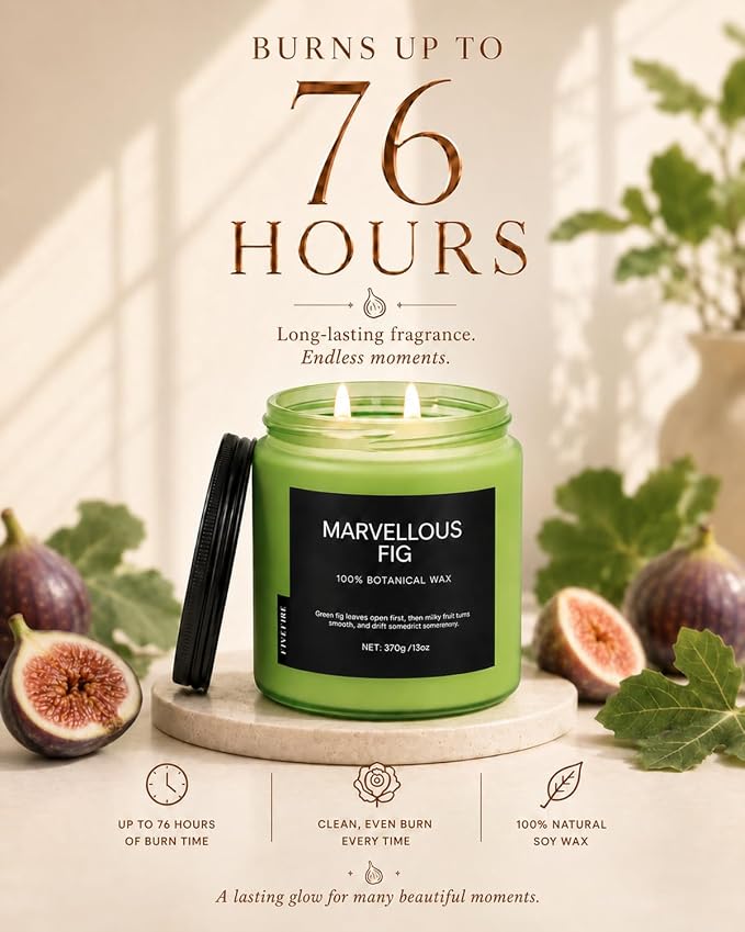 Fig Tree Home Scented Candles, 13oz Organic Soy Wax, 76-Hour Clean Burning, Natural Candles Non Toxic, Earthy & Fruity Scent for Relaxation, Aromatherapy Housewarming Candle for Men Women