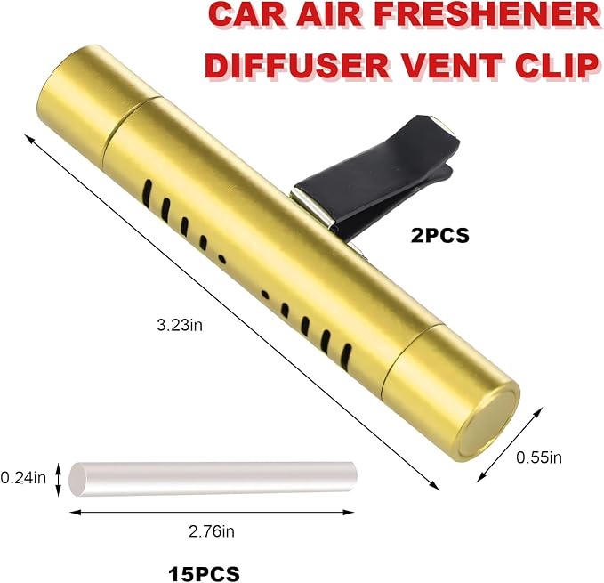 2 PCS Car Air Freshener Diffuser Vent Clips, Refillable Cylindrical Oil Diffuser Clip with 12 Unscented Refill Sticks, Essential Vent Air Freshener Interior Decor for Women Men (Golden)