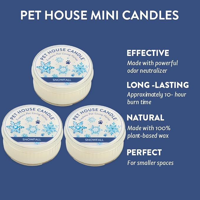 Pet House Mini Candles for Pet Odor Made with Natural Soy Wax, Plant Based, Dog and Cat Friendly Scented Candles, Snowfall Pack of 3