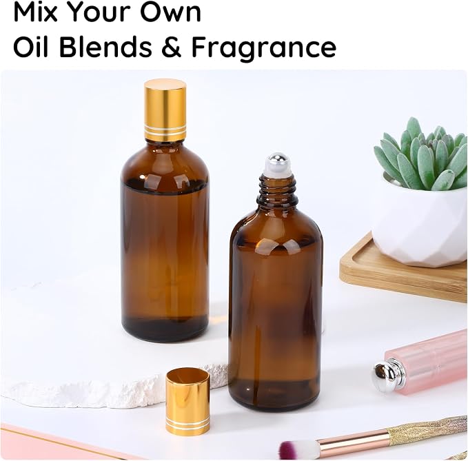 Segbeauty 3.4oz Thick Amber Glass Roller Bottles for Oils, 5pcs Large Empty Roll On Bottles for Perfume Massage Castor Essential Oil, 100ml Refillable Eye Essence Roller Ball Applicator with Dropper