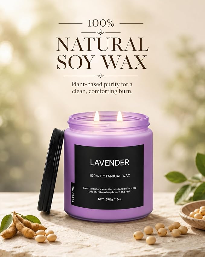 Lavender Scented Candle for Bedroom, 13oz Soy Wax Candle, 2-Wick Frosted Glass Jar, 70–80 Hour Burn Time, Calming Home Fragrance for Relaxation, Self Care Gifts for Women