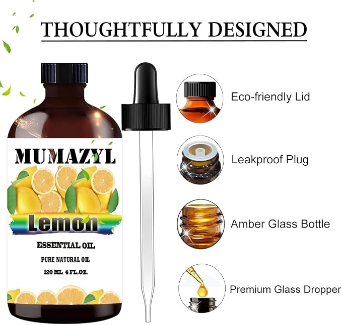 Lemon Essential Oil, Lemon Oil 4 Fl Oz 120ML for Diffuser Humidifier Yoga Cleaning DIY Candle Soap Making MUMAZYL Essential Oils