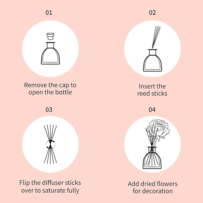 Reed Diffusers Set Rose Scented Diffuser for 140 Days, Flower Diffuser 8.5 fl oz with Dried Flowers and Decorative Rose, Long Lasting Home Fragrance with 10 Sticks for Bathroom, Shelf, Office Decor