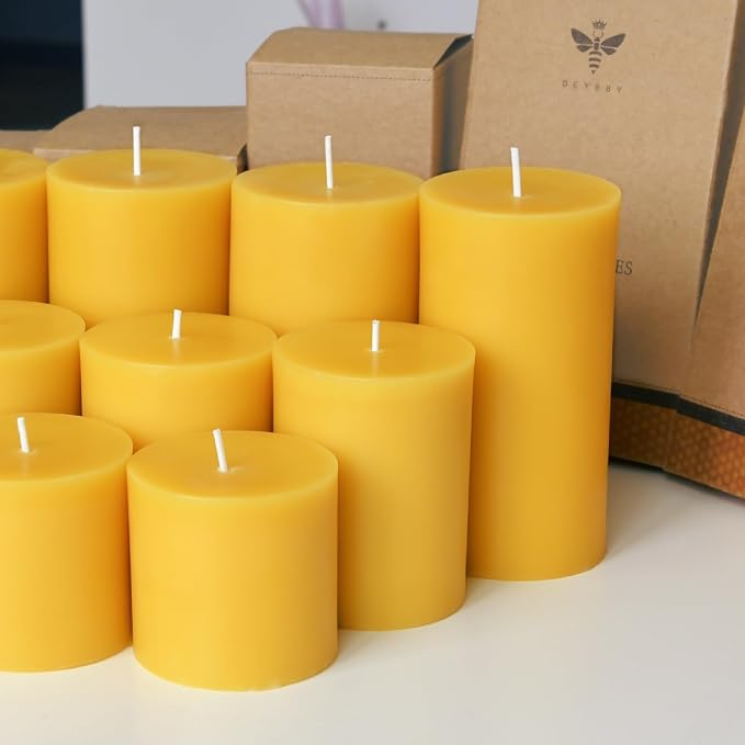 DEYBBY 3x4 inch Natural Beeswax Pillar Candle Set of 4 for Women Gift, Smokeless Dripless Pure Organic Beeswax Candles with Natural Scent for Blackout Home Decoration Bath Relaxation（Yellow）