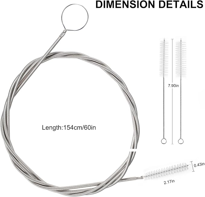 CiaraQ Bottle Cleaning Brushes, 8 Inch Nylon Tube Brush Set & A Flexible Long Drain Brush 60 inch, Cleaner for Narrow Neck Bottles Cups with Hook, Set of 11pcs, White