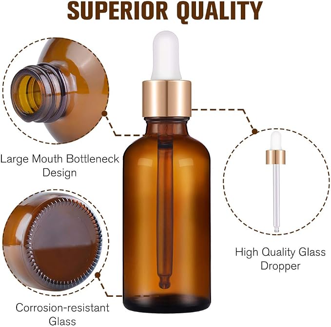PrettyCare Glass Eye Dropper Bottles 99 Pack, 1oz (30ml) Amber Empty Thick Bottles Bulk with Leakproof Golden Caps - With Labels & Funnels for for Storage, Travel,Essential Oils, DIY Serums