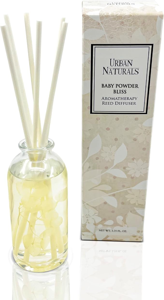Urban Naturals Baby Powder Bliss Reed Diffuser Set | Made with Essential Oils & Real Botanicals | Powdery Floral Notes, Rose, Geranium, Musk & Cedar | Makes a Great Gift | Made in the USA