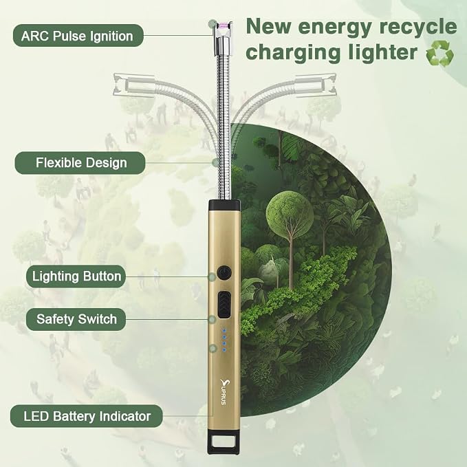 SUPRUS Rechargeable Candle Lighter Electric Arc Triple Safety Long Lighter Stainless Steel Shell & Hanging Hook (Champagne Gold)