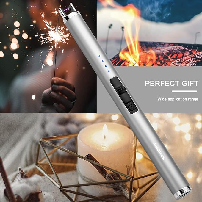 ARECTECH Rechargeable Electric Candle Lighter Arc Plasma Windproof Lighter for Candle Christmas Kitchen Birthday Gift for Mom Men Wife with Type-C Cable Silvery