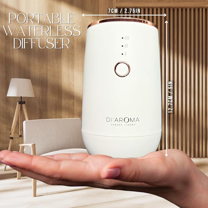 Waterless Essential Oil Diffuser – Portable Nebulizing Aroma Oil Diffuser for Car, Home & Office, USB Rechargeable, Silent Operation, No Water Needed, Di'Aroma (White)