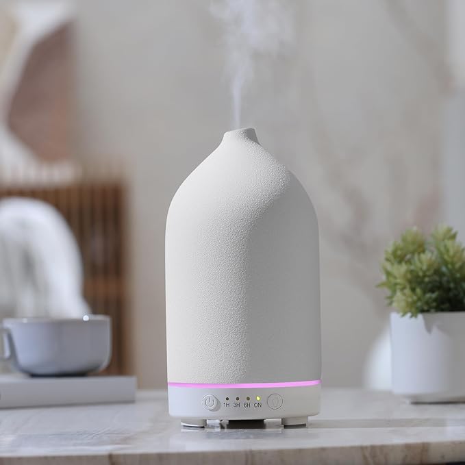 Gooamp 200ML Ceramic Essential Oil Diffuser - Ultrasonic Aromatherapy & Humidifier with 7-Color LED Lights, Auto Shut-Off, White, 1H/3H/6H Timer | Scent for Home,Office,Yoga
