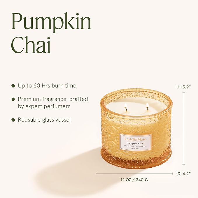 LA JOLIE MUSE Pumpkin Chai Home Scented Candle for Fall | 2- Wick Non Toxic Natural Soy | Luxury Large Jar Candle for Home | Decor Gifts for Women & Men | 12 oz