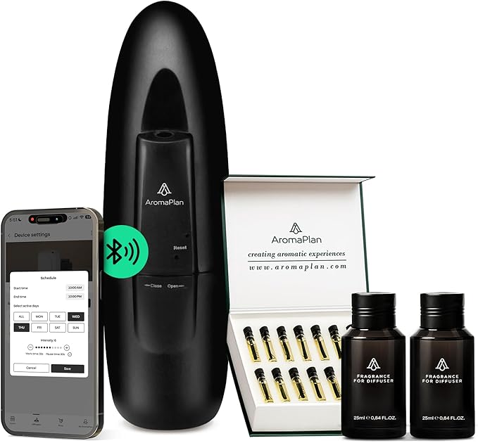 AromaPlan 5 Star Collection Plug in Diffuser (Fragrances+Sample Set Included)-Cold Air & Waterless Diffusers for Home & Office- Silent Wall Diffuser Plug in, Bluetooth App Control, 500 sq. Ft (Black)